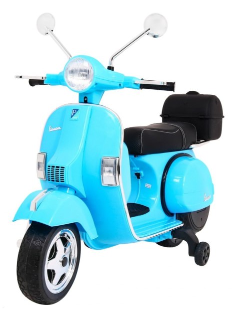 Skuter Vespa elektryczny dla dzieci Niebieski + Kółka pomocnicze + Audio + Ekoskóra + EVA + Wolny Start