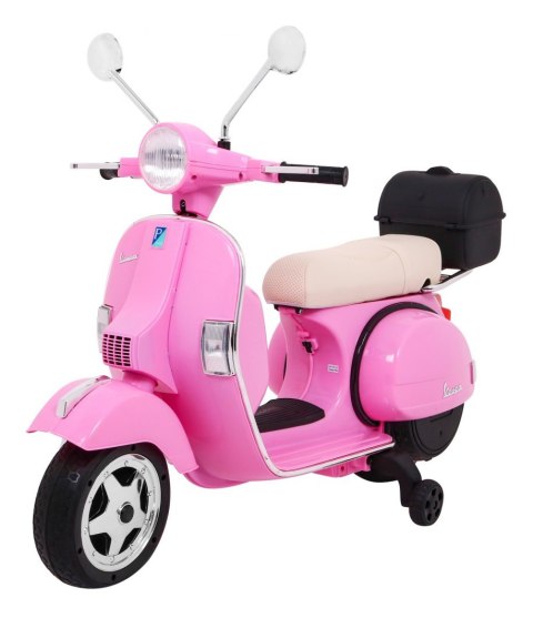 Skuter Vespa elektryczny dla dzieci Różowy + Kółka pomocnicze + Audio + Ekoskóra + EVA + Wolny Start