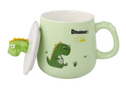 Kubek Ceramiczny Dinozaur Zielony Przykrywka Łyżeczka 350ml